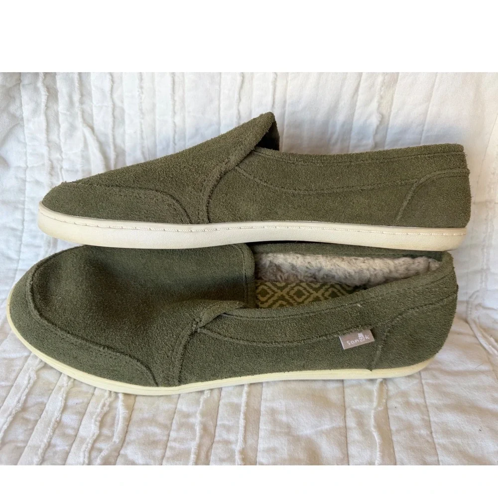 Sanuk Pair O Dice Chill Suede Slip On Olive Green Faux Fur Lined Womens 8.5